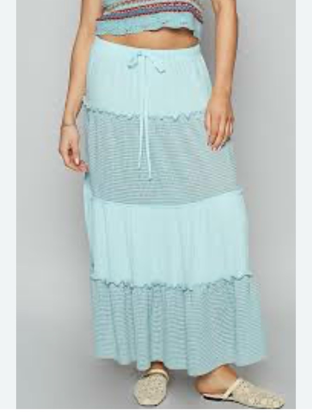 POL Light Blue Tiered Maxi Skirt – Casual Drawstring Waist